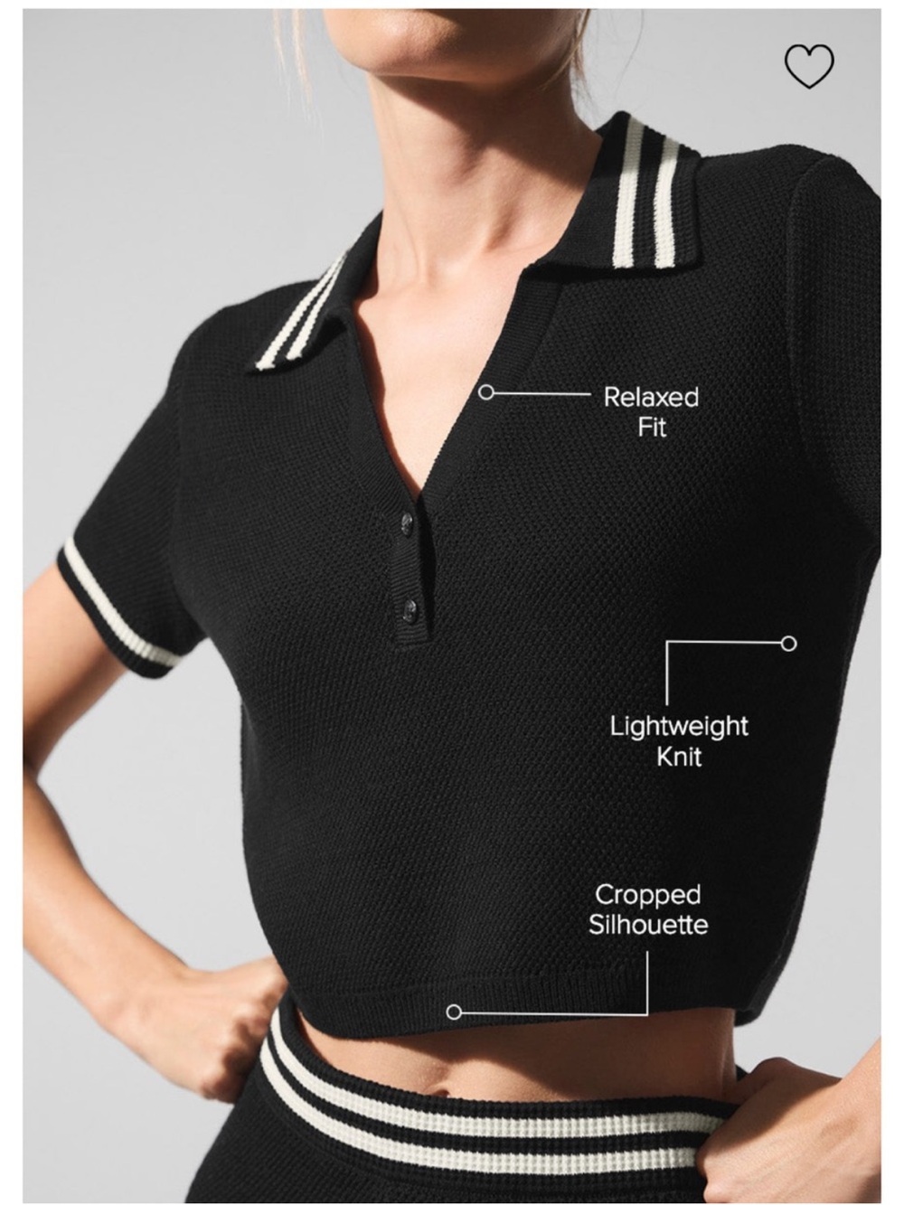 ALO Yoga Black Knit Crop Polo Top with White Stripe Trim - Picture 3 of 4